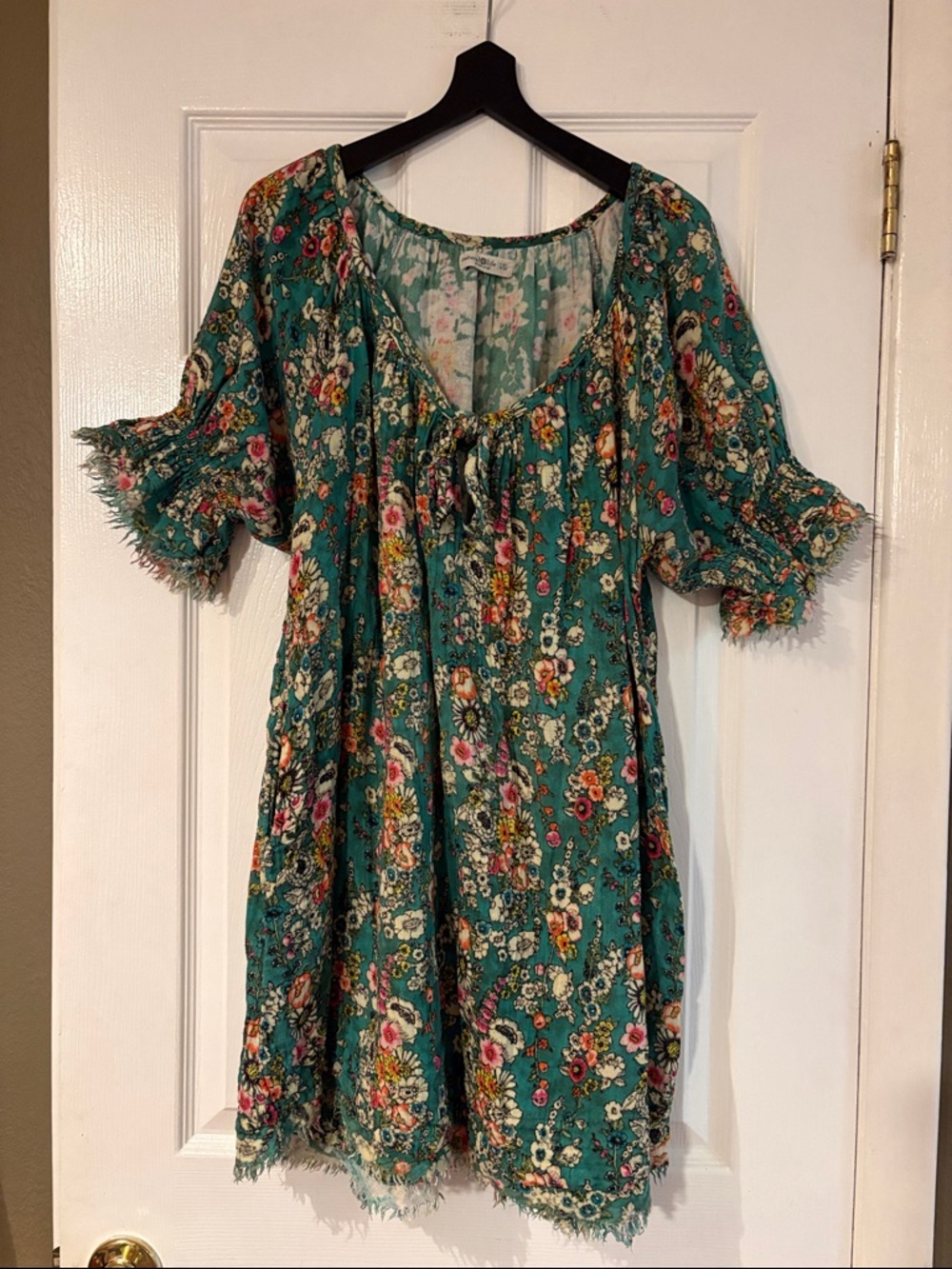 NATURAL LIFE Teal Floral Boho Mini Dress with Multicolor Print
